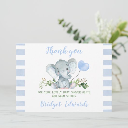 Baby Blue Elephant Vielen Dank Baby Shower Card Einladung (Stehend Vorderseite)