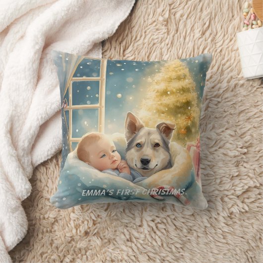 Baby & Blue-Eyed Pup Christmas Pillow Kissen (Decke)