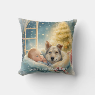 Baby & Blue-Eyed Pup Christmas Pillow Kissen