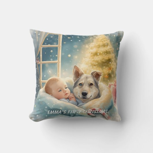 Baby & Blue-Eyed Pup Christmas Pillow Kissen (Vorderseite)