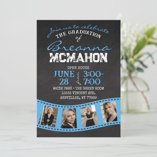 Baby Blue Filmstrip Chalkboard Grad Einladung