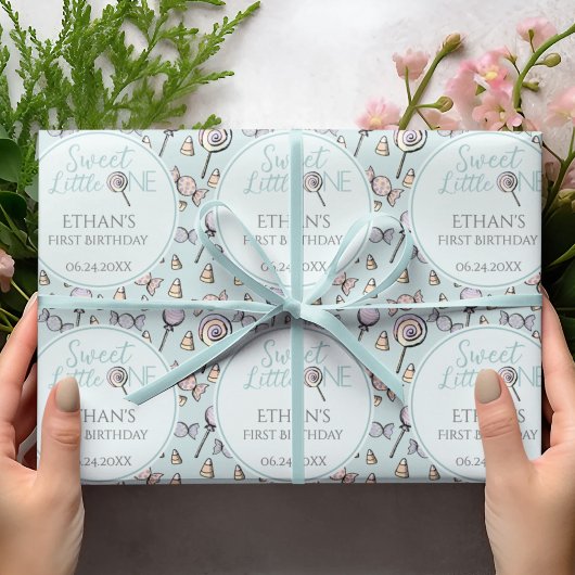 Baby Blue First 1. Geburtstag Candy Thema Geschenkpapier