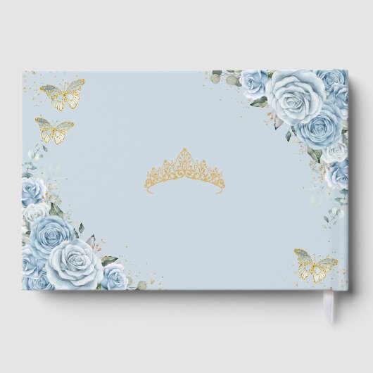 Baby Blue Floral Butterfells Gold Quinceañera XV Gästebuch (Rückseite)