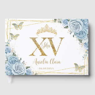 Baby Blue Floral Butterfells Gold Quinceañera XV Gästebuch