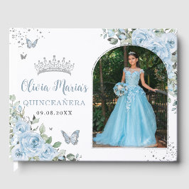 Baby Blue Floral Butterfells Quinceañera Foto Gästebuch