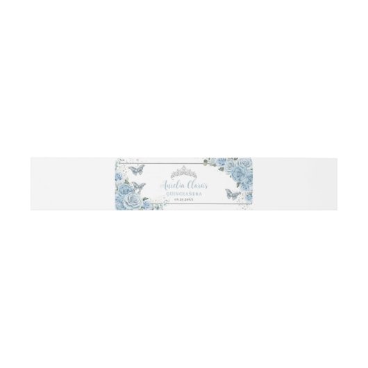 Baby Blue Floral Butterfells Silver Quinceanera Einladungsbanderole (Flach)