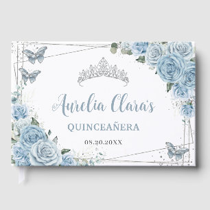 Baby Blue Floral Butterfells Silver Quinceañera Gästebuch