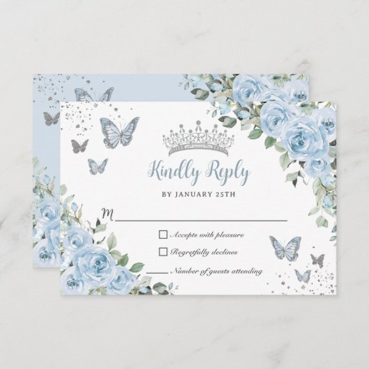 Baby Blue Floral Butterfells Silver Quinceañera RSVP Karte (Vorne/Hinten)