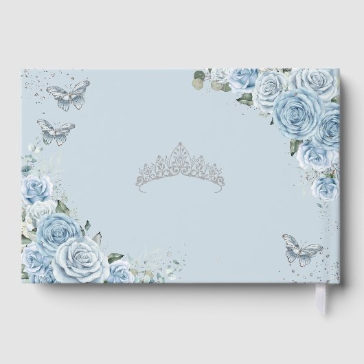 Baby Blue Floral Butterfells Silver Quinceanera XV Gästebuch (Rückseite)