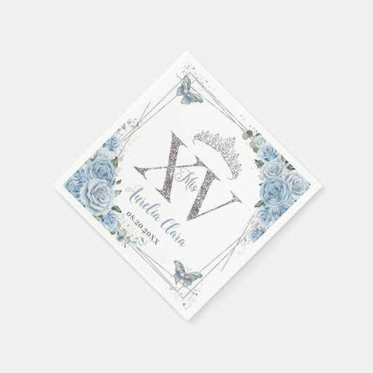 Baby Blue Floral Butterfells Silver Quinceañera XV Serviette (Ecke)