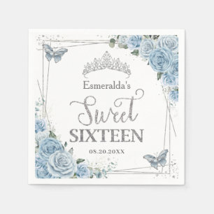 Baby Blue Floral Butterfets Silver 16 . Geburtstag Serviette