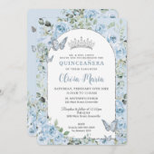 Baby Blue Floral Butterflies Quinceañera Photo Einladung (Vorne/Hinten)