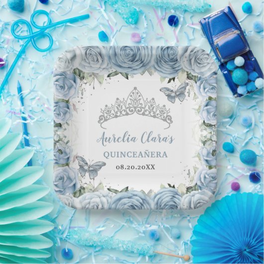 Baby Blue Floral Butterflies Tiara QUINCEAÑERA Pappteller (Party)