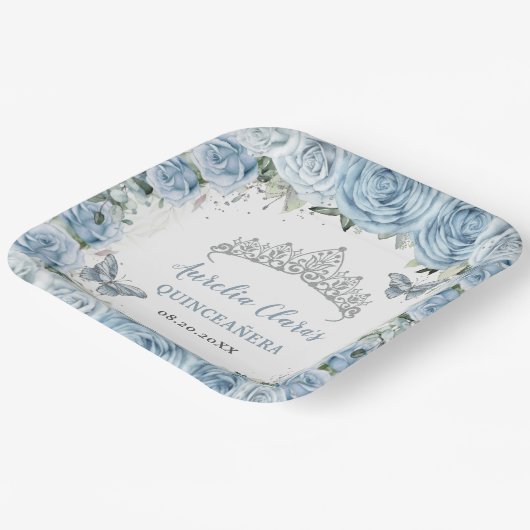Baby Blue Floral Butterflies Tiara QUINCEAÑERA Pappteller (Gewinkelt)