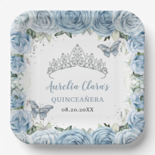 Baby Blue Floral Butterflies Tiara QUINCEAÑERA Pappteller