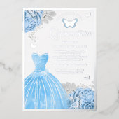 Baby Blue Floral Butterfly Quinceanera Silver Folieneinladung (Vorderseite)