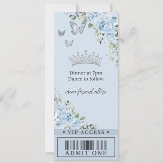 Baby Blue Floral Butterfly Quinceañera VIP Ticket Einladung (Rückseite)
