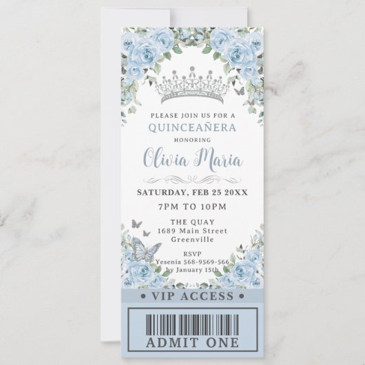 Baby Blue Floral Butterfly Quinceañera VIP Ticket Einladung (Vorderseite)