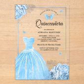 Baby Blue Floral Butterfly Silver Quinceanera Acryleinladungen (Vorderseite)