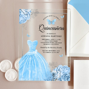 Baby Blue Floral Butterfly Silver Quinceanera Acryleinladungen