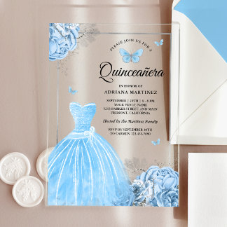 Baby Blue Floral Butterfly Silver Quinceanera Acryleinladungen
