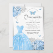 Baby Blue Floral Butterfly Silver Quinceanera Einladung (Vorderseite)