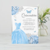 Baby Blue Floral Butterfly Silver Quinceanera Einladung (Stehend Vorderseite)
