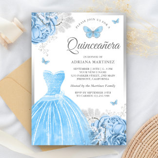Baby Blue Floral Butterfly Silver Quinceanera Einladung