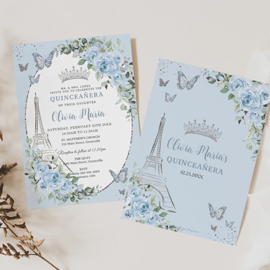 Baby Blue Floral Eiffel Butterflies Quinceañera Einladung