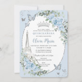 Baby Blue Floral Eiffel Butterflies Quinceañera Einladung (Vorderseite)