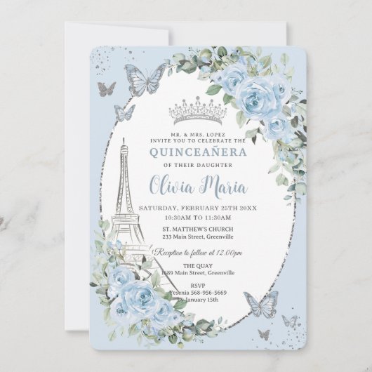 Baby Blue Floral Eiffel Butterflies Quinceañera Einladung (Vorderseite)