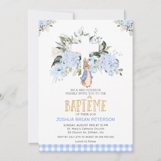 Baby Blue Floral French Peter Rabbit Taufe Einladung (Vorderseite)