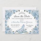 Baby Blue Floral Glass Shoe Quinceañera Sweet 16 Save The Date (Vorderseite)