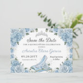 Baby Blue Floral Glass Shoe Quinceañera Sweet 16 Save The Date (Stehend Vorderseite)