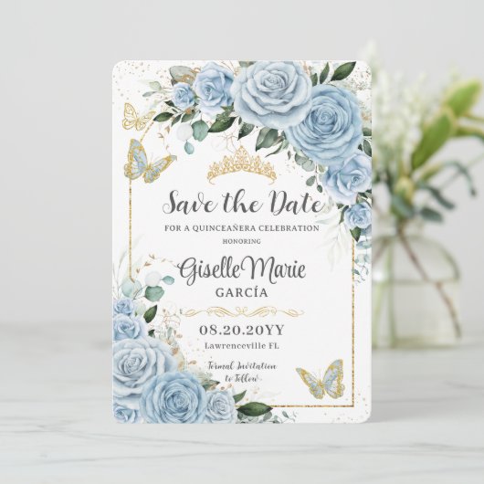 Baby Blue Floral Gold Quinceañera Butterflies Arch Save The Date (Stehend Vorderseite)