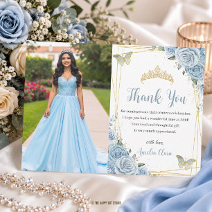 Baby Blue Floral Gold Schmetterling Quinceañera Fo Dankeskarte