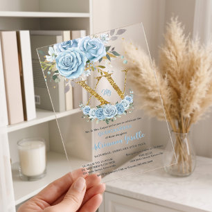 Baby Blue Floral Gold XV Quinceañera Quince 15 bec Acryleinladungen