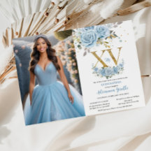 Baby Blue Floral Gold XV Quinceañera Quince Foto