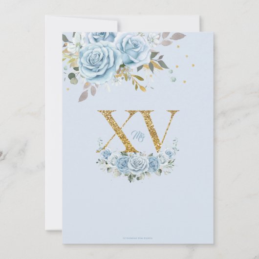 Baby Blue Floral Gold XV Quinceñera Quince 15 Einladung (Rückseite)