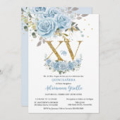 Baby Blue Floral Gold XV Quinceñera Quince 15 Einladung (Vorne/Hinten)