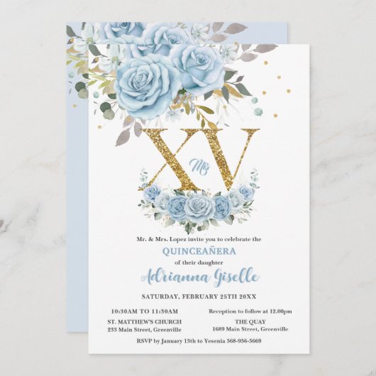 Baby Blue Floral Gold XV Quinceñera Quince 15 Einladung (Vorne/Hinten)