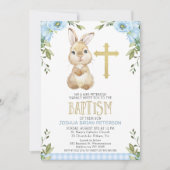 Baby Blue Floral Kariert Bunny Rabbit Taufe Einladung (Vorderseite)