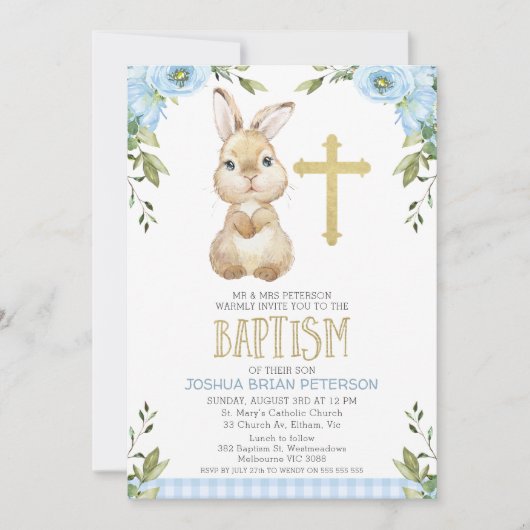Baby Blue Floral Kariert Bunny Rabbit Taufe Einladung (Vorderseite)