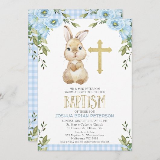 Baby Blue Floral Kariert Bunny Rabbit Taufe Einladung (Vorne/Hinten)