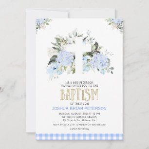 Baby Blue Floral Kariert Cross Taufen Einladung