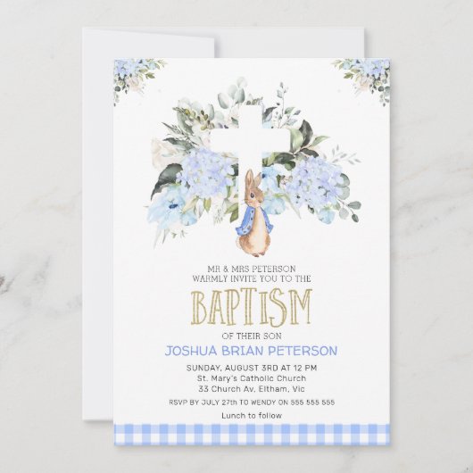 Baby Blue Floral Kariert Peter Rabbit Taufe Einladung (Vorderseite)