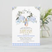 Baby Blue Floral Kariert Peter Rabbit Taufe Einladung (Stehend Vorderseite)