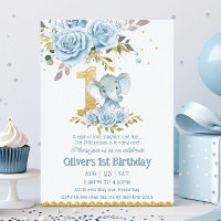 Baby Blue Floral Niedlich Elefant 1. Geburtstag