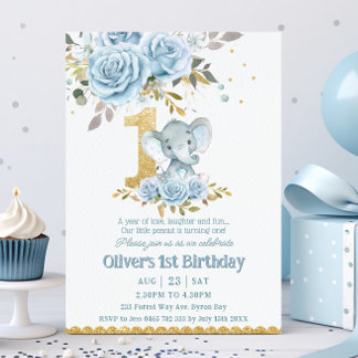 Baby Blue Floral Niedlich Elefant 1. Geburtstag Einladung
