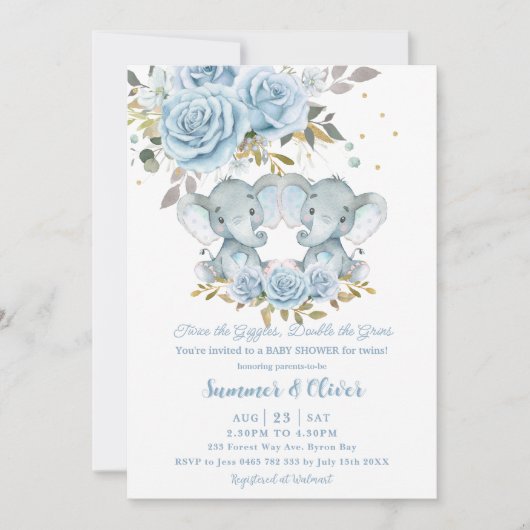 Baby Blue Floral Niedlich Elefanten Twins Baby Dus Einladung (Vorderseite)